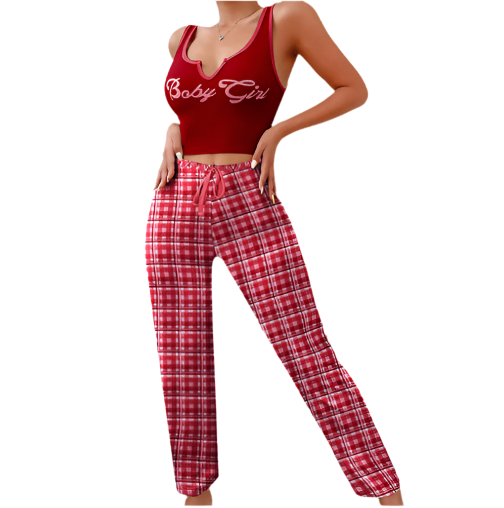Spring Summer Women's Casual Pajamas Home Wear Vest Color Matching Plaid Trousers Letter Print Top Ladies 2 Pcs Home Clothes Sleepwear